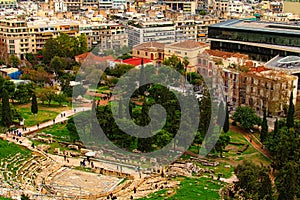 Ancient Theater of Dionysus seen from the hill of Athens Acropolis. Ancient ruins.