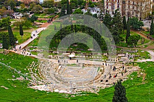 Ancient Theater of Dionysus seen from the hill of Athens Acropolis. Ancient ruins