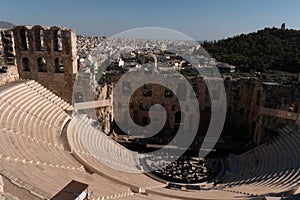 Ancient theater of Dionysus seen from the hill of Athens Acropolis, Greece