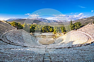 The ancient theater of Epidaurus or `Epidavros`, Argolida prefecture, Peloponnese.