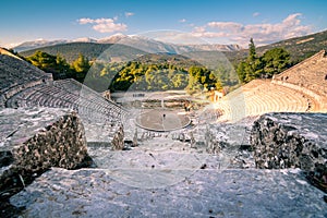 The ancient theater of Epidaurus or `Epidavros`, Argolida prefecture, Peloponnese.