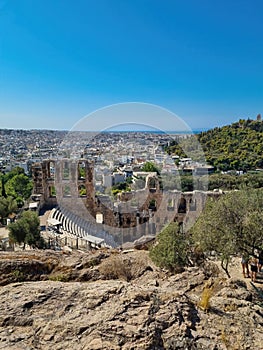 Ancient theater in a summer day in Acropolis Greece, Athnes