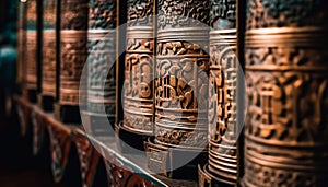 Ancient Tibetan prayer wheel spins, symbolizing spirituality and wisdom generated by AI