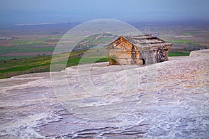 Ancient tomb on Travertine hills in Hierapolis near Pamukkale, Turkey