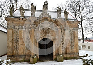 Ancient  tombs with group of symbols typical of Baruque artworks  of  lapidary Art Baroque  by Church of Holy Spirit,  Jelenia Gor