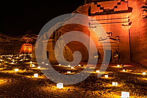 Ancient tombs of Hegra city illuminated during the night, Al Ula