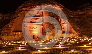 Ancient tombs of Hegra city illuminated during the night, Al Ula