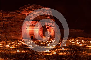 Ancient tombs of Hegra city illuminated during the night, Al Ula