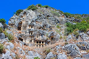 Ancient tombs by Lycians in Fethiye, Turkey