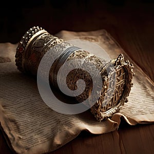 An ancient Torah scroll with a beautiful silver crown known as a 