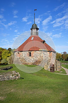 An ancient tower Lars Torstenson in the fortress Korela sunny october day. Priozersk, Leningrad region