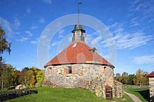 Ancient Tower Lars Torstensson, golden autumn. Korela, Priozersk