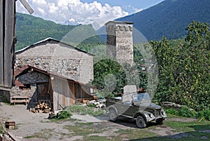 Ancient tower in the mountain village of Svaneti Georgia Mestia