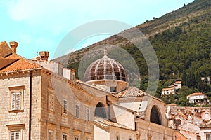 Ancient tower in the old town, the historical part of the city. Rooftop view. Summer in Croatia, Dubrovnik