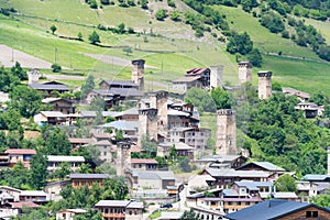 Ancient towers with Mountain village. a famous landscape in Mestia, Samegrelo-Zemo Svaneti, Georgia