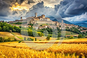 Ancient town of Assisi at sunset