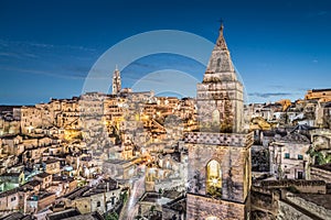 Ancient town of Matera at dusk, Basilicata, Italy photo