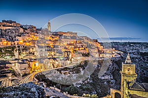 Ancient town of Matera at dusk, Basilicata, southern Italy