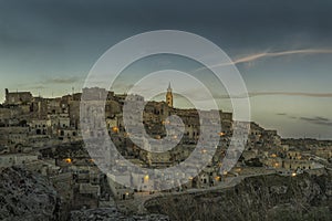 Ancient town of Matera, Sassi di Matera at night, Basilicata, southern Italy