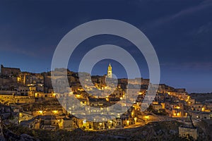 Ancient town of Matera, Sassi di Matera at night, Basilicata, southern Italy