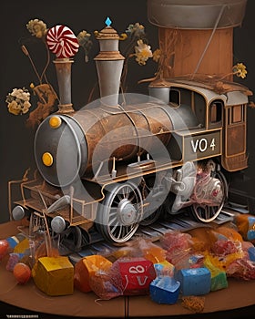 Ancient toys, vintage train and past photo