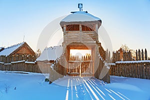 Ancient trading factory village at winter in Pruszcz Gdanski