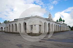 Ancient trading rows in a Market place, morning. Poshekhon'ye, Yaroslavl region, Russia