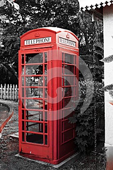 Ancient traditional red phone booth, callbox. Mauritius
