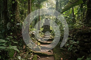 ancient trail through dense jungle, leading to hidden temple