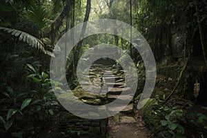 ancient trail through dense jungle, leading to hidden temple