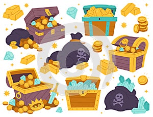 Ancient treasure chest, bag or sack with golden coins, jewelry gems game asset isolated set