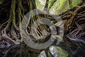 ancient tree roots embracing a forest stream
