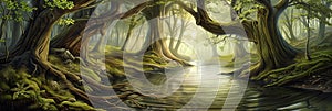 Ancient trees arch over mystical river timeless pathway fog-filled forest illustration