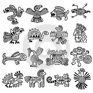 Ancient tribal logo. Mexican aztec icons animals decoration mayan pattern recent vector collection photo