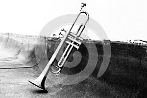 The ancient trumpet leaning against the wall