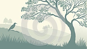Ancient Twisted Tree on Hill, Rustic Landscape Vector Art, vector design Generative AI