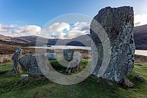 Ancient Uragh Stone Circle (Ciorcal Cloch Uragh) with a beautiful landscape in the background