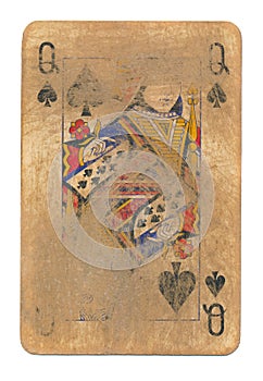 Ancient used rubbed playing card queen of spades paper background isolated