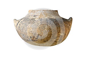 An ancient vase from the Bronze Age with a pattern on a white background