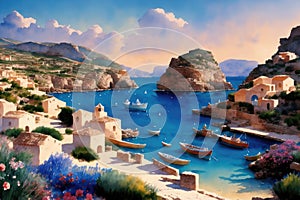 Ancient village near the ocean. Greek scenery, blue sea and houses. Generative ai painting