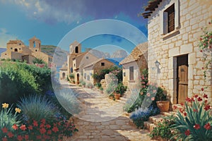 Ancient village near the ocean. Greek scenery, blue sea and houses. Generative ai painting