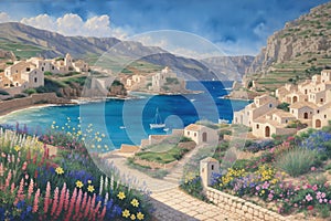 Ancient village near the ocean. Greek scenery, blue sea and houses. Generative ai painting