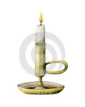 Ancient vintage candlestick with burning candle, old gold candelabrum standing on tray. Rustic watercolor illustration