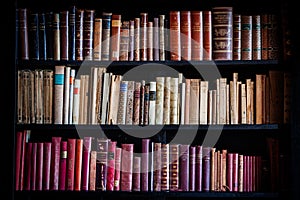 Ancient vintage library knowledge. Shelves of historical books.