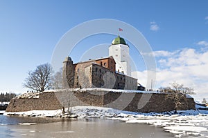 Ancient Vyborg castle on a sunny March day. Leningrad region, Russia