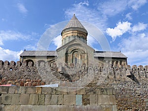 Ancient wall with behind the cathedral of Svetitskhoveli in Georgia.