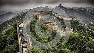 Ancient wall of Jinshangling, awe inspiring mountain range generated by AI photo