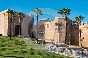 Ancient wall and main gate of the famous Kasbah of the Udayas in downtown Rabat in Morocco