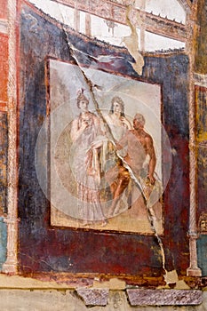 Ancient wall painting of Hercules, Minerva and Juno in Herculaneum, Italy