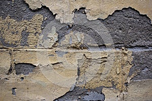 Ancient wall with peeling plaster. Old concrete wall, panoramic textured background